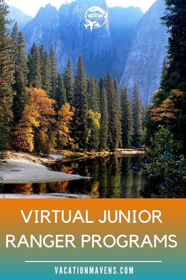 Virtual Junior Ranger programs Pin with national park lake and mountains in background