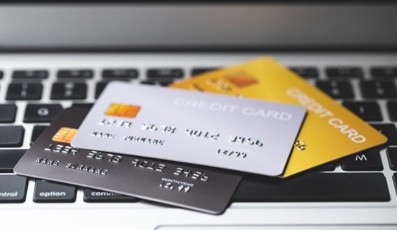 Credit cards on a computer keyboard